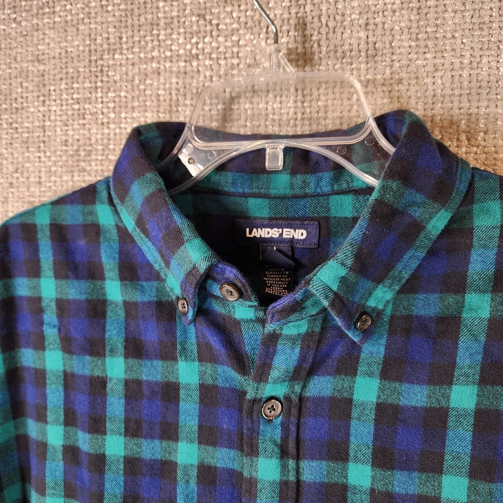 Lands End Traditional Fit Plaid Flannel Shirt Mens L 16-16.5 Navy Green EUC - Picture 2 of 11